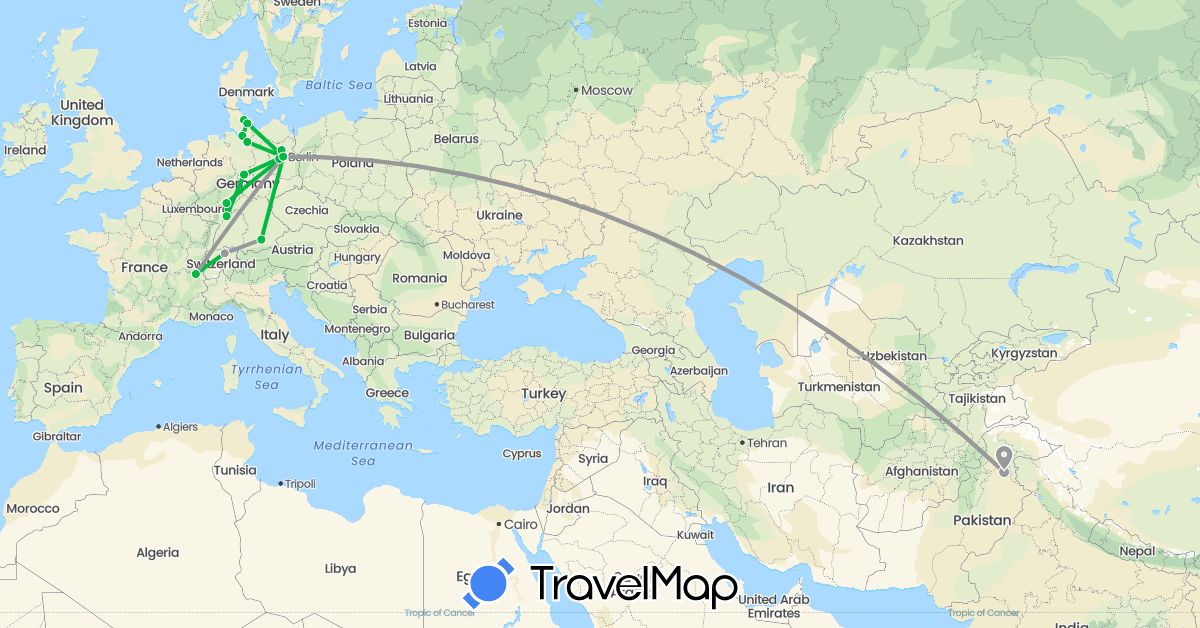 TravelMap itinerary: driving, bus, plane in Switzerland, Germany, Pakistan (Asia, Europe)